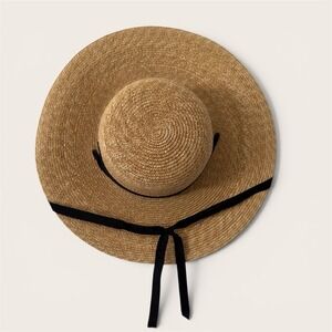 Bonpoint Straw Wide Brim Capeline Sun Hat Black Ribbon Tie Womens One Size